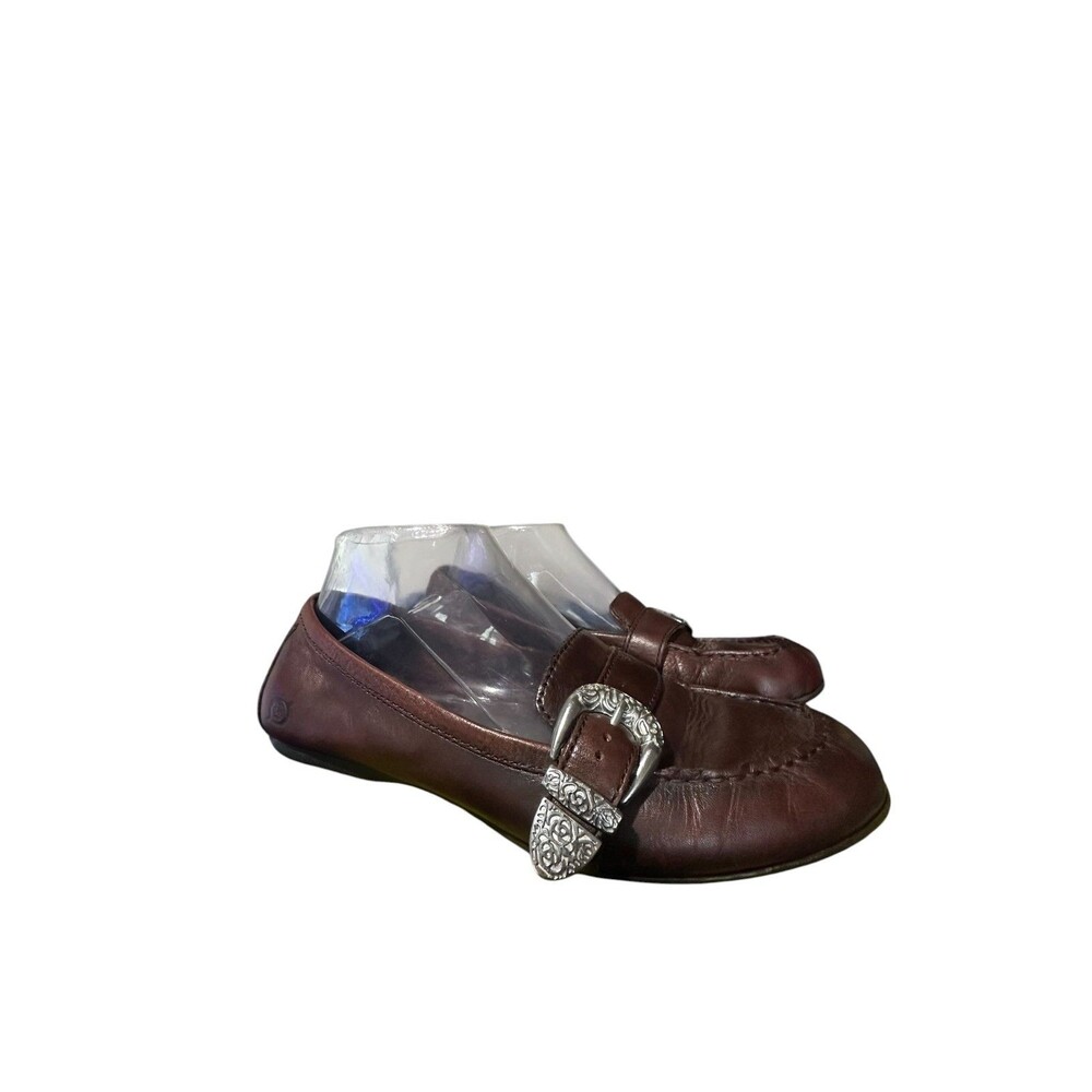 Born Brown Leather Slip On Loafers Size 7.5M Silver Buckle Boho Flats Outdoor